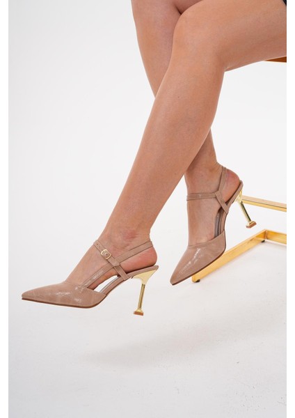 Kadın Vizon 8,5 cm Altın Topuklu Arkadan Bantlı Stiletto Topuklu Ayakkabı fiyatları