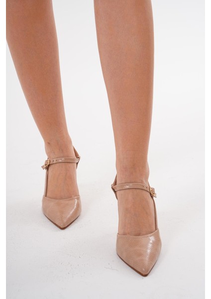 Kadın Vizon 8,5 cm Altın Topuklu Arkadan Bantlı Stiletto Topuklu Ayakkabı modelleri