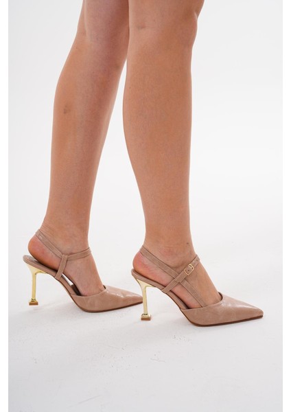 Kadın Vizon 8,5 cm Altın Topuklu Arkadan Bantlı Stiletto Topuklu Ayakkabı fırsatları