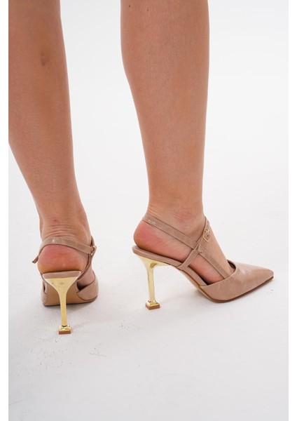 Kadın Vizon 8,5 cm Altın Topuklu Arkadan Bantlı Stiletto Topuklu Ayakkabı