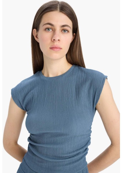 Slim Fit Dar Kesim Bisiklet Yaka Bürümcük Kısa Kollu Tişört E3398AX25SP