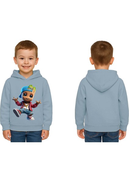 Unisex Groot Baskılı Çocuk Swaetshirt Kapüşonlu 3 Iplik Şardonlu