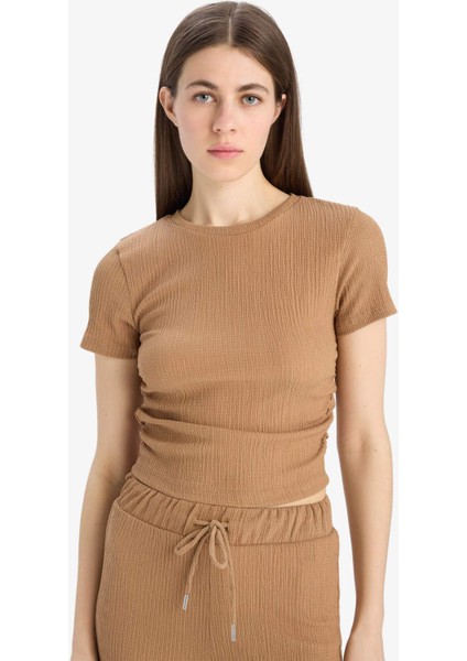 Slim Fit Dar Kesim Bisiklet Yaka Bürümcük Kısa Kollu Tişört E0991AX25SP