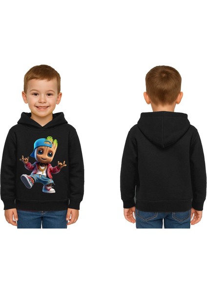 Unisex Groot Baskılı Çocuk Swaetshirt Kapüşonlu 3 Iplik Şardonlu