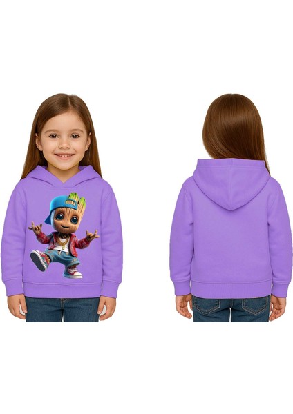 Unisex Groot Baskılı Çocuk Swaetshirt Kapüşonlu 3 Iplik Şardonlu