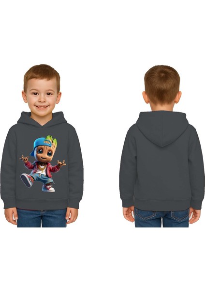 Unisex Groot Baskılı Çocuk Swaetshirt Kapüşonlu 3 Iplik Şardonlu