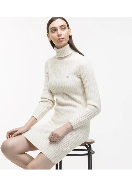 Kadın Boğazlı Bej Triko Elbise