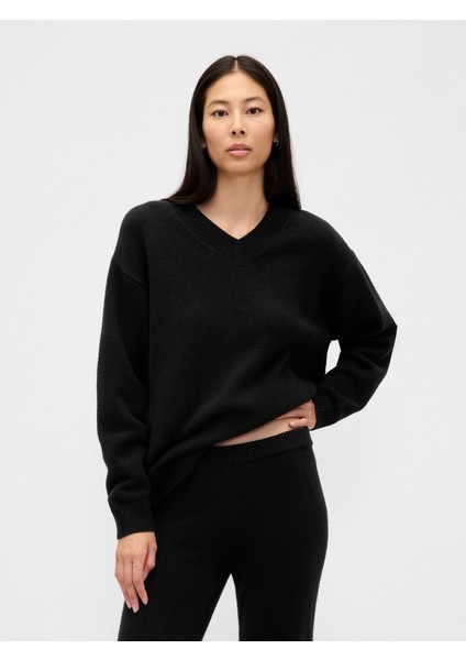 Kadın Siyah Cashsoft Oversized V-Yaka Kazak