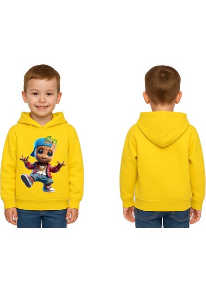 Unisex Groot Baskılı Çocuk Swaetshirt Kapüşonlu 3 Iplik Şardonlu