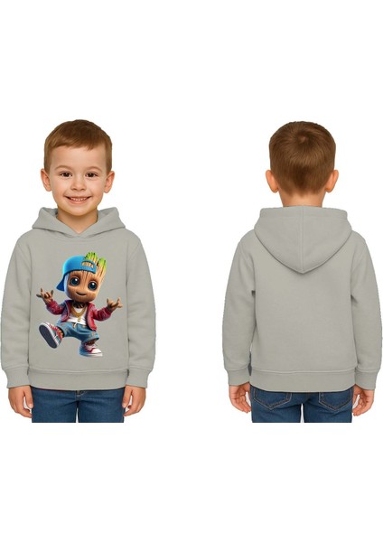 Unisex Groot Baskılı Çocuk Swaetshirt Kapüşonlu 3 Iplik Şardonlu