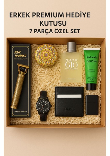 Erkek Premium Hediye Kutusu | Saç Sakal Bakım Seti + Parfüm + Cüzdan + Saat + Çakmak ( 7 Parça Özel Set)