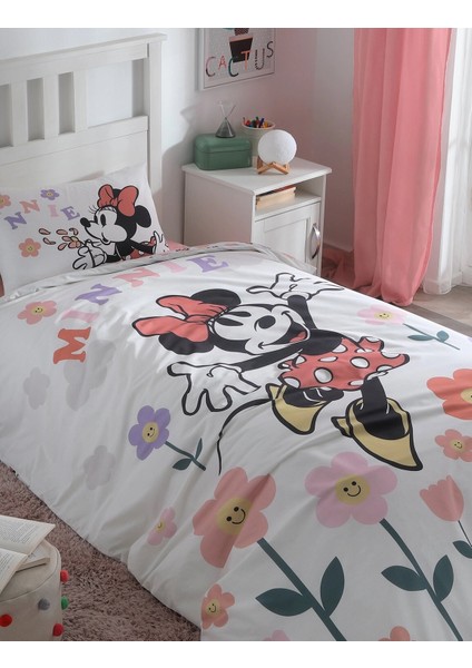 Lisanslı Fitted Çarşaflı Tek Kişilik Çocuk Nevresim Takımı-Minnie Flowers Beyaz modelleri
