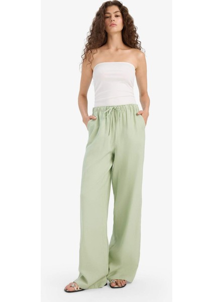 Wide Leg Çift Cepli Beli Lastikli Standart Boy Keten Karışımlı Pantolon E1981AX25SM