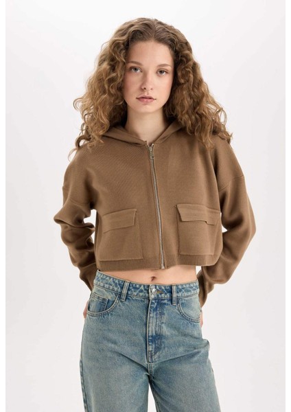 Regular Fit Kapüşonlu Basic Düz Fermuarlı Triko Hırka E2270AXNS