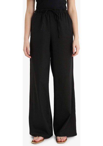 Wide Leg Çift Cepli Beli Lastikli Standart Boy Keten Karışımlı Siyah Pantolon E1981AX25SM