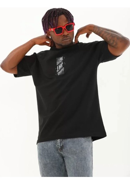 Unisex Oversize Baskılı Bisiklet Yaka T-Shirt - Siyah fiyatları