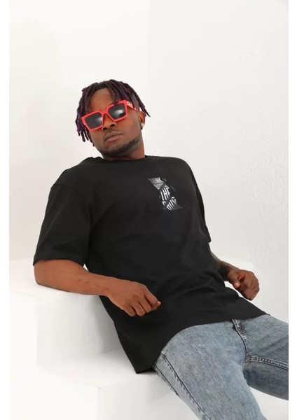 Unisex Oversize Baskılı Bisiklet Yaka T-Shirt - Siyah modelleri
