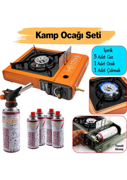 Portatif Taşınabilir Kamp Ocağı Tek Gözlü (5 Adet) Gaz Kartuşlu Tüp Uyumlu Bağlantı Gezi Piknik Ocak