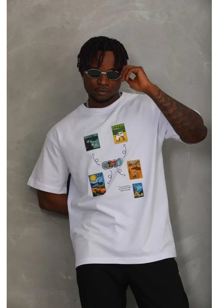 Unisex Oversize Baskılı Bisiklet Yaka T-Shirt - Beyaz modelleri