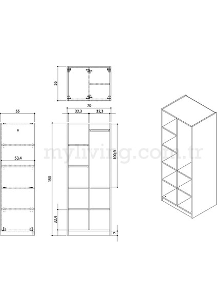 My Living 2 Kapaklı Elbise Dolabı 180X70X55CM 11102501 modelleri