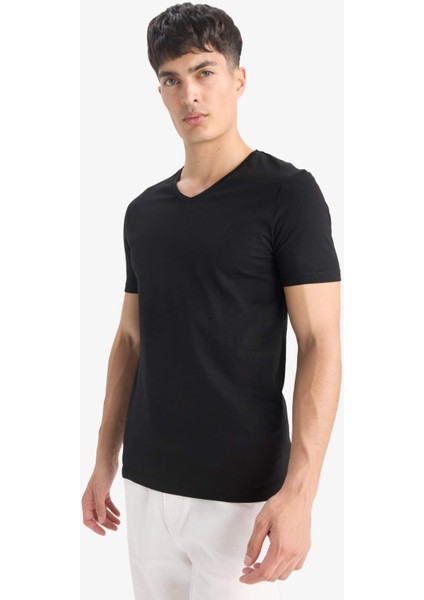 %100 Pamuk Slim Fit Dar Kesim V Yaka Basic Düz Kısa Kollu Beyaz Tişört