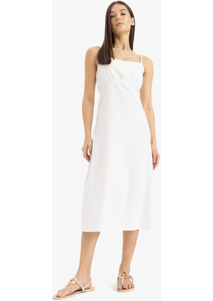 Kare Yaka Askılı Keten Karışımlı Midi Beyaz Elbise