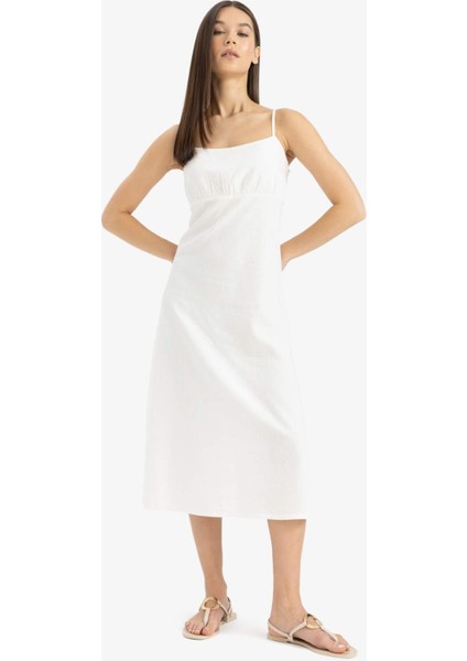 Kare Yaka Askılı Keten Karışımlı Midi Beyaz Elbise