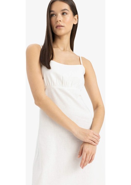 Kare Yaka Askılı Keten Karışımlı Midi Beyaz Elbise