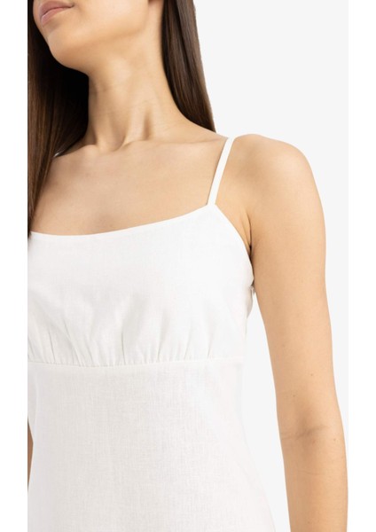 Kare Yaka Askılı Keten Karışımlı Midi Beyaz Elbise