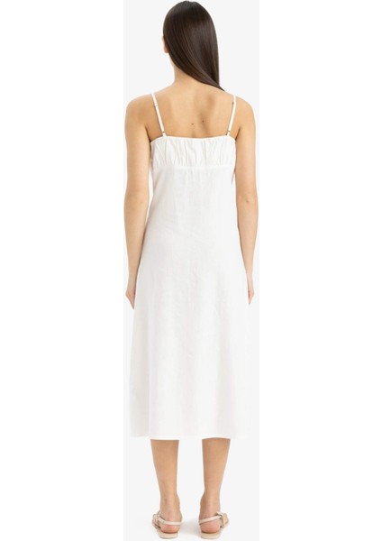 Kare Yaka Askılı Keten Karışımlı Midi Beyaz Elbise