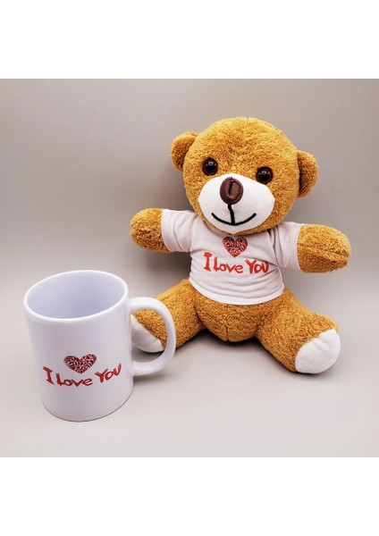 çınar ticaret kahverengi ı love you tişörtlü ayıcık ve baskılı kupa seti