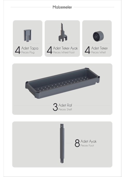 çınar ticaret tekerlekli 3 katlı çok amaçlı raf ünitesi - banyo mutfak düzenleyici organizer raf