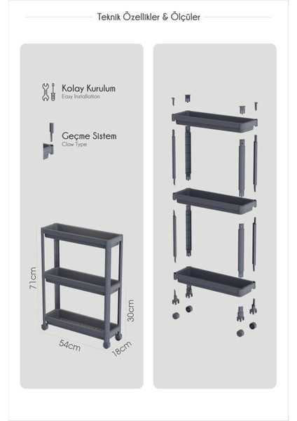 çınar ticaret tekerlekli 3 katlı çok amaçlı raf ünitesi - banyo mutfak düzenleyici organizer raf