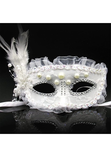 çınar ticaret beyaz renk yandan tüylü ınci ışlemeli taşlı dantelli parti maskesi 17x12 cm