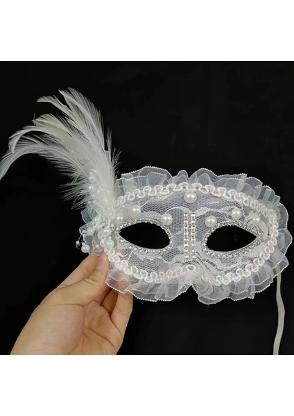 çınar ticaret beyaz renk yandan tüylü ınci ışlemeli taşlı dantelli parti maskesi 17x12 cm fırsatları