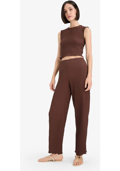 Regular Fit Beli Lastikli Basic Düz Bürümcük Pantolon