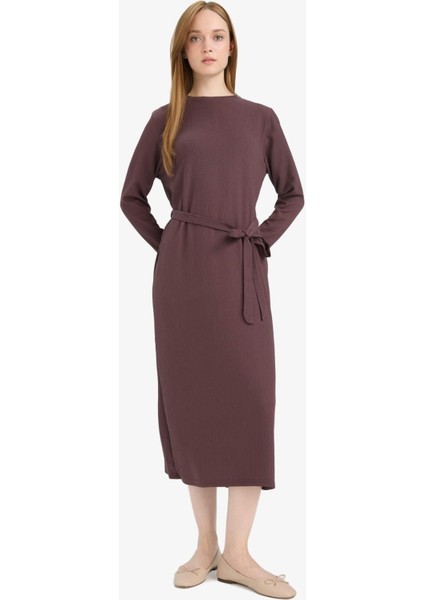 Regular Fit Bisiklet Yaka Bağlamalı Uzun Kollu Maxi Elbise D9063AX25SP