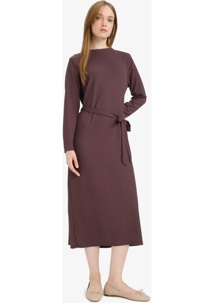 Regular Fit Bisiklet Yaka Bağlamalı Uzun Kollu Maxi Elbise D9063AX25SP