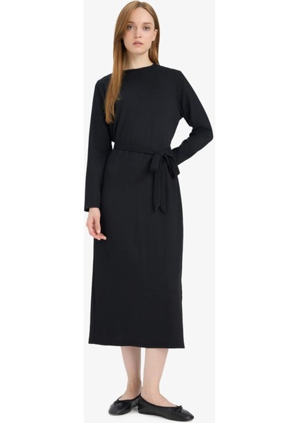 Regular Fit Bisiklet Yaka Bağlamalı Uzun Kollu Maxi Elbise D9063AX25SP