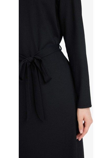 Regular Fit Bisiklet Yaka Bağlamalı Uzun Kollu Maxi Elbise D9063AX25SP