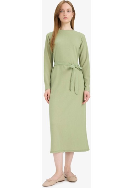 Regular Fit Bisiklet Yaka Bağlamalı Uzun Kollu Maxi Elbise D9063AX25SP