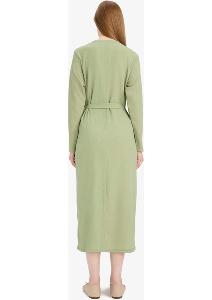 Regular Fit Bisiklet Yaka Bağlamalı Uzun Kollu Maxi Elbise D9063AX25SP