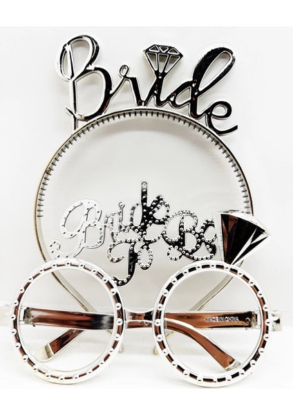 çınar ticaret bride yazılı taç ve bride to be yazılı gözlük seti gümüş renk