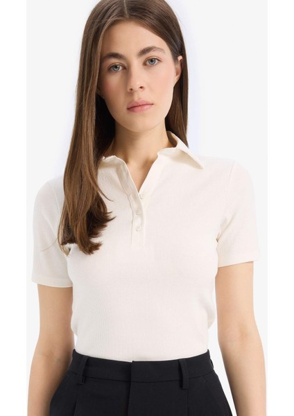 Slim Fit Dar Kesim Fitilli Kaşkorse Kısa Kollu Polo Beyaz Tişört
