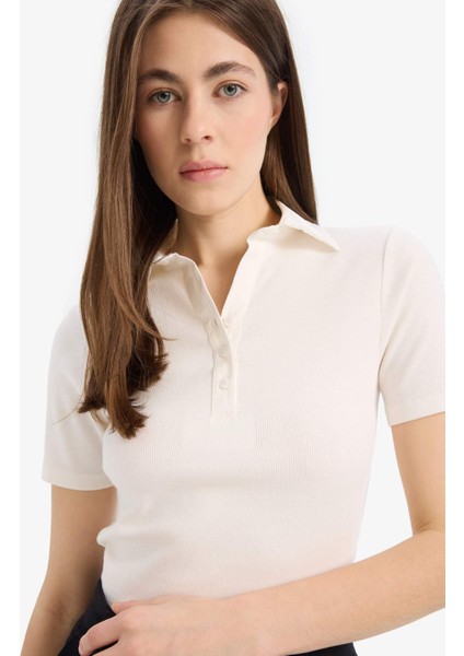 Slim Fit Dar Kesim Fitilli Kaşkorse Kısa Kollu Polo Beyaz Tişört