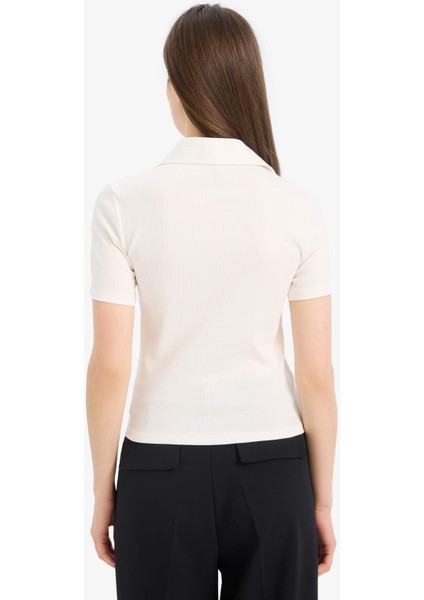 Slim Fit Dar Kesim Fitilli Kaşkorse Kısa Kollu Polo Beyaz Tişört