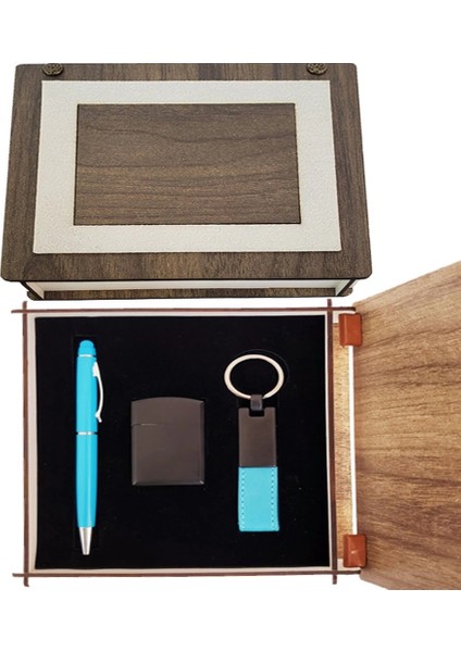 çınar ticaret özel ahşap kutulu mavi kalem anahtarlık ve çakmak set