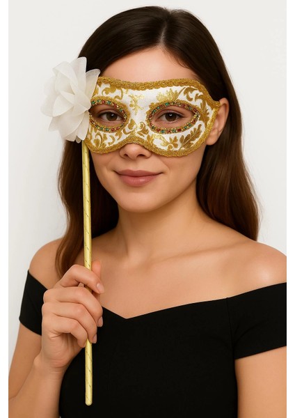 çınar ticaret lüks taşlı saplı maskeli balo maskesi beyaz renk 35 cm