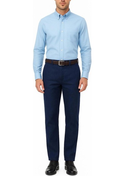 Rahat Kesim Klasik Likralı Pamuklu Erkek Baba Koyu Mavi Keten Pantolon