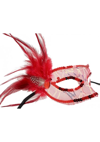 çınar ticaret kırmızı renk yandan tüylü pul payet ışlemeli parti maskesi 23x12 cm modelleri